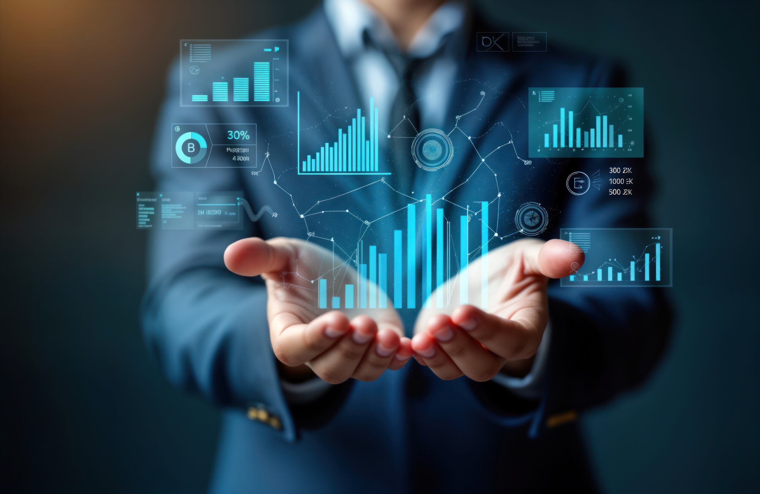 Businessman holds data-driven tech insights. Modern digital graphs, numbers float in hands. Informed business strategies, data management. Tech analytics concepts. Decision making process presented